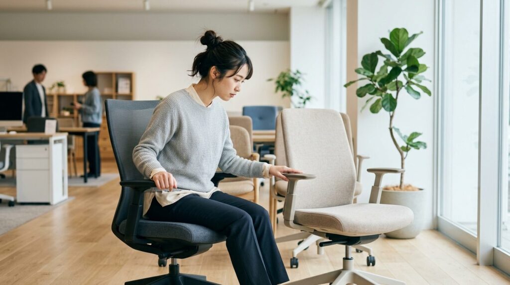 オフィスチェアに座り、隣の椅子の肘掛けを触って比較する女性