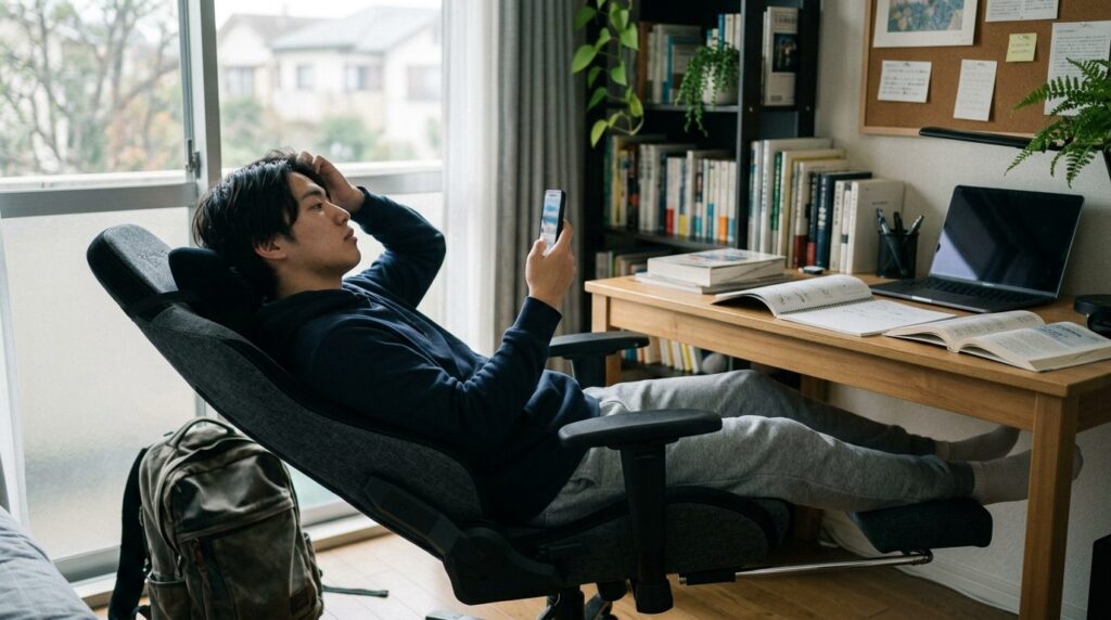 勉強机の前で椅子を深く倒し、足を伸ばしてスマホを見る男性