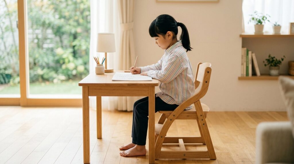 木製の学習机と椅子に座り、ノートに鉛筆で勉強する女の子