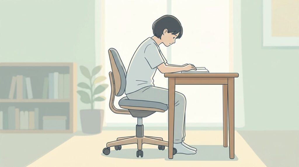 オフィスチェアに座り前傾姿勢で机の上の本を読む人物