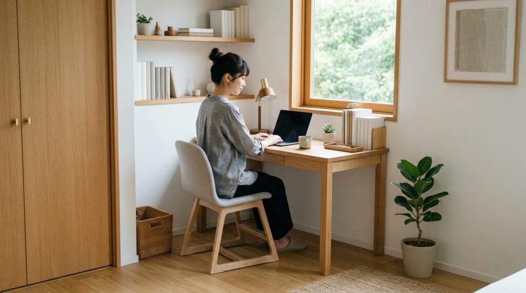 部屋の窓際に置かれた木製デスクでパソコン作業をする女性