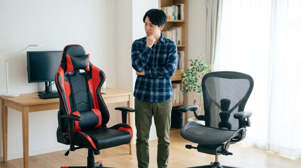 ゲーミングチェアとオフィスチェアの間で顎に手を当て悩む男性