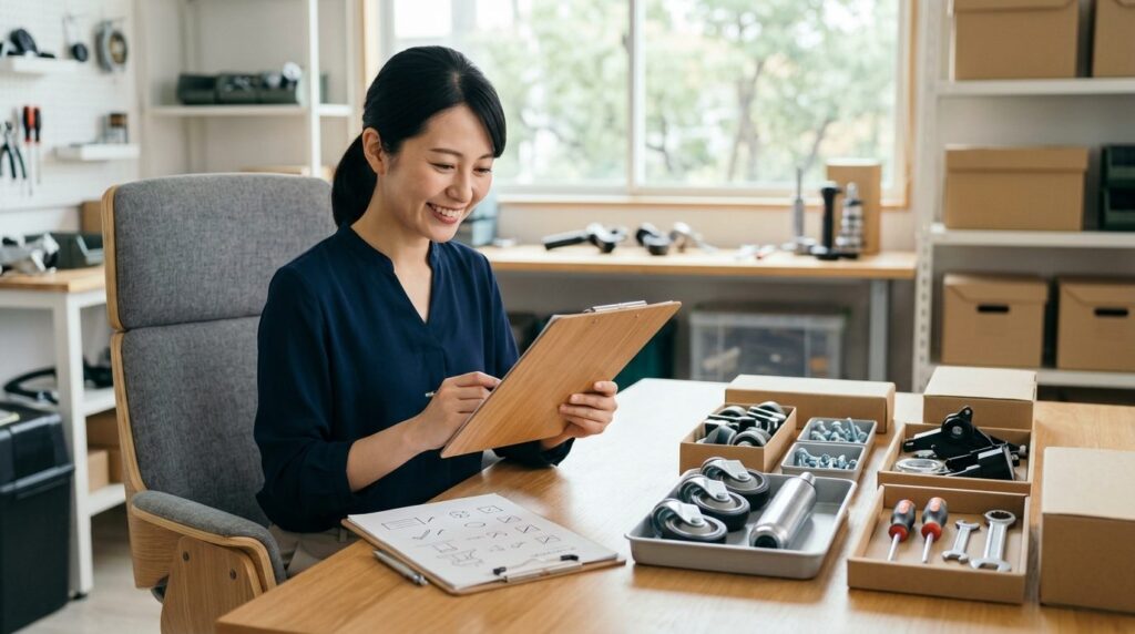 机に並んだキャスターなどの部品を書類と照らし合わせて確認する女性