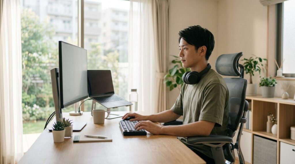 オフィスチェアに座りモニターを見ながらパソコン作業をする男性