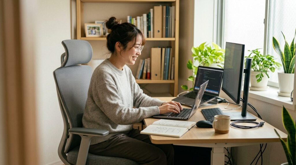 自宅のデスクで笑顔でノートパソコンを操作する女性