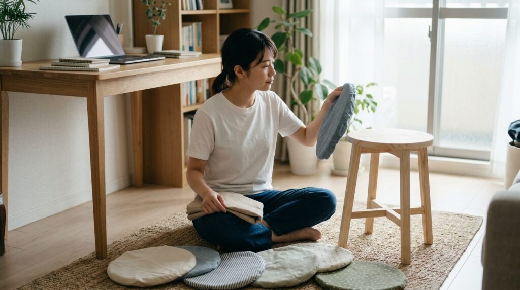 床に並んだ丸椅子カバーを手に取り木製スツールに合わせる女性