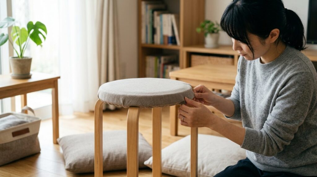 女性が木製スツールに布製カバーを両手で整えながら被せている