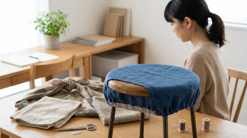 青い布カバーを被せた丸椅子と机の上の裁縫道具