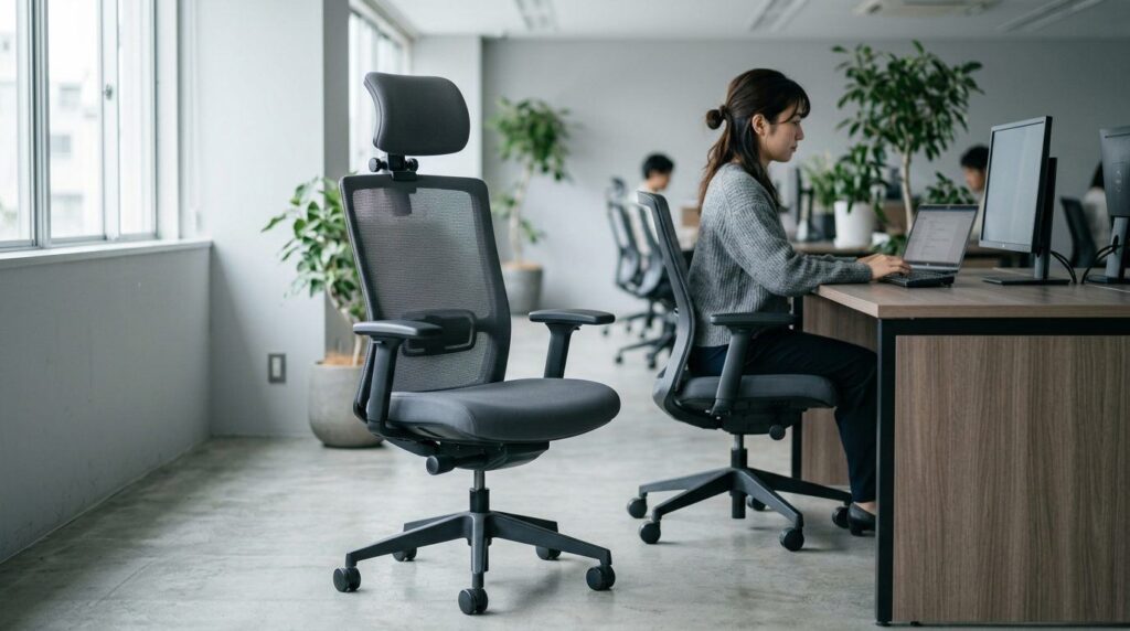 手前に置かれたヘッドレスト付きオフィスチェアと奥で作業する女性