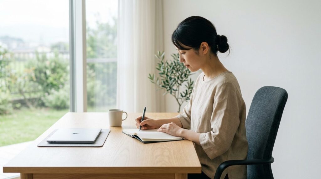 木製デスクで閉じたノートパソコンの横にノートを広げ書き込む女性