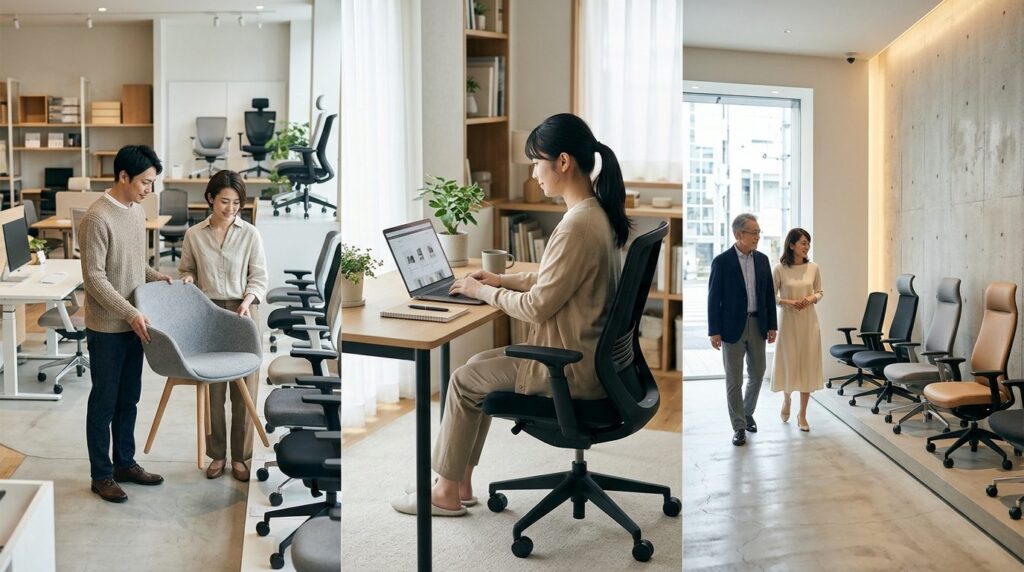 店舗でオフィスチェアを選ぶ人々と自宅の椅子で作業する女性
