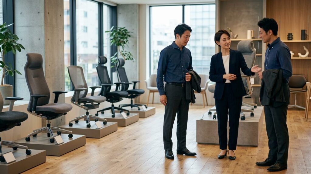 オフィスチェアが並ぶショールームで女性店員の説明を聞く男性客
