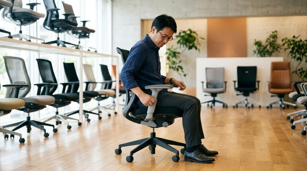 ショールームでオフィスチェアの座り心地を試す男性